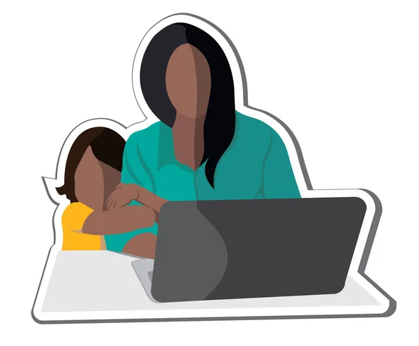 Anne Evde Dizüstü Bilgisayar Bebek Kucağıyla Çalışıyor Nternet Baskı Için — Stok Vektör