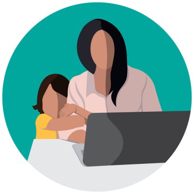 Anne evde dizüstü bilgisayar ve bebek kucağıyla çalışıyor. İnternet ya da baskı için resim. Web sitesi için. çocuklu anne