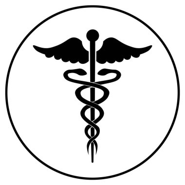 ambülans simgesi, çizgi sanat tarzı; iki yılan ve bir sopa; vektör düz illüstrasyon, uygulama, yazdırma veya web sembolü.