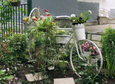 Evin bahçesinde çiçeklerle süslenmiş eski beyaz bir bisiklet. Bahçe dekoru