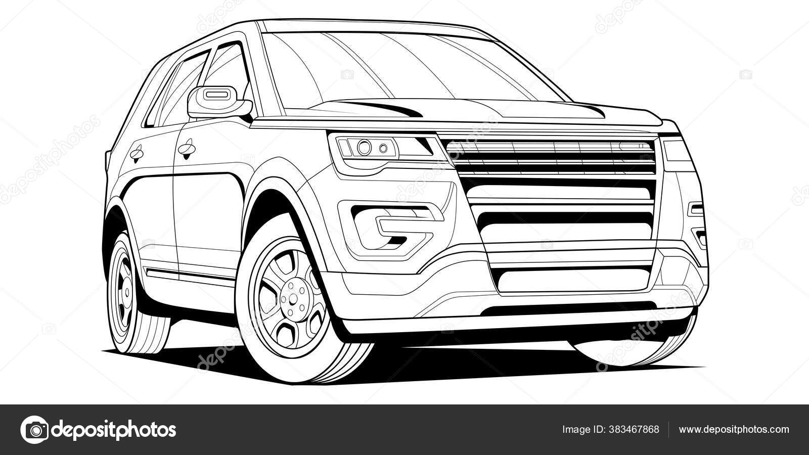 Coloring page vector line art illustration car for book and drawing. Black  contour sketch. Isolated on white background. High-speed drive vehicle.  Graphic element. Stroke without fill Stock Vector