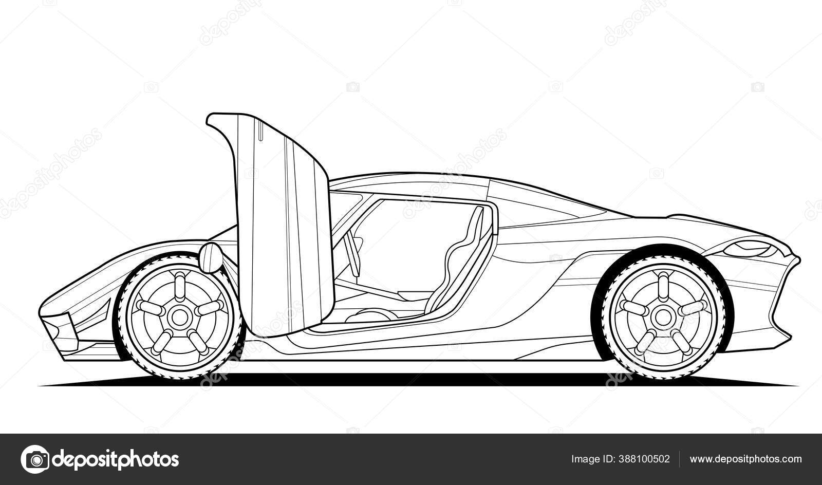 Coloring page vector line art illustration car for book and drawing. Black  contour sketch. Isolated on white background. High-speed drive vehicle.  Graphic element. Stroke without fill Stock Vector