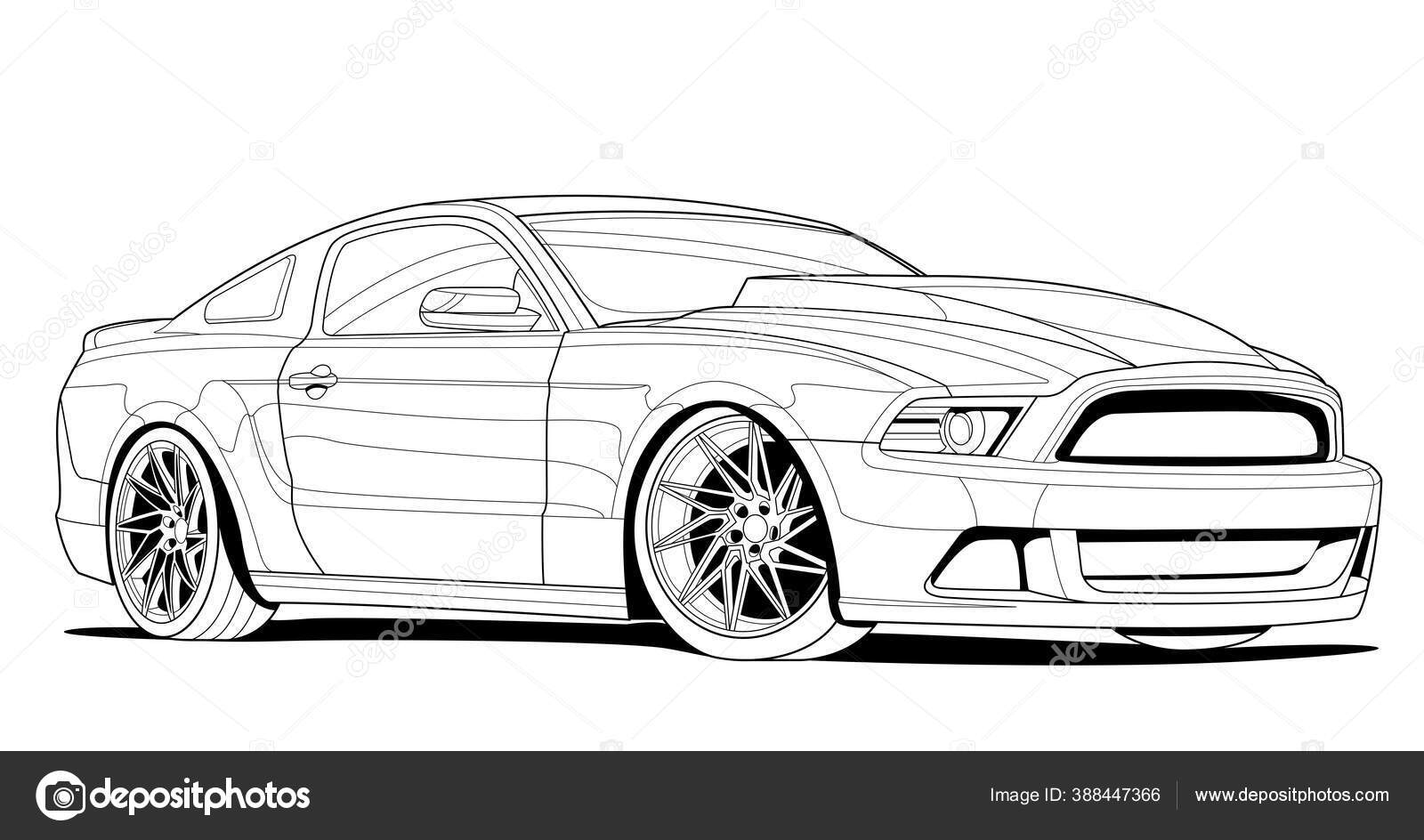 Coloring page vector line art illustration car for book and drawing. Black  contour sketch. Isolated on white background. High-speed drive vehicle.  Graphic element. Stroke without fill Stock Vector