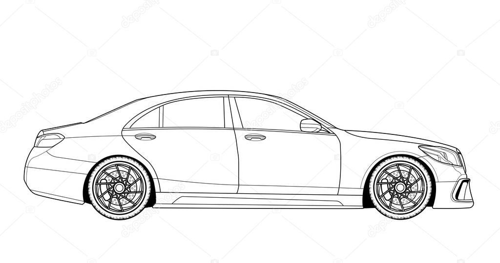 Vector line art car, concept design. Vehicle black contour outline sketch illustration isolated on white background. Stroke without fill. Cower drawing. Black-white icon.