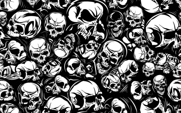 Vector Negro Patrón Sin Costura Con Cráneos Conjunto Ilustración Arte — Vector de stock