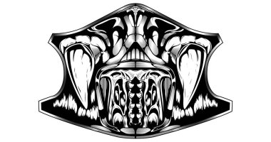 Yeniden kullanılabilir yüz koruma maskeleri üzerine vektör baskısı tasarımı konsepti. Kızgın kafatası azı dişleri ve dil sanatı. Coronavirus covid karantinası sırasında koru. Siyah illüstrasyon beyaz arkaplanda izole edildi