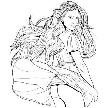 Yetişkinler için çıplak seksi kız boyama kitabı vektör çizimi baskı ve mobil uygulama için. Ana hatlı çizim. Güzel resim. Çizgi çizen kadın siyah çizgiye bakıyor. Beyaz arkaplanda izole edilmiş.