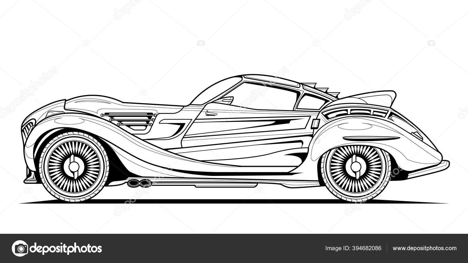 Coloring page vector line art illustration car for book and drawing. Black  contour sketch. Isolated on white background. High-speed drive vehicle.  Graphic element. Stroke without fill Stock Vector