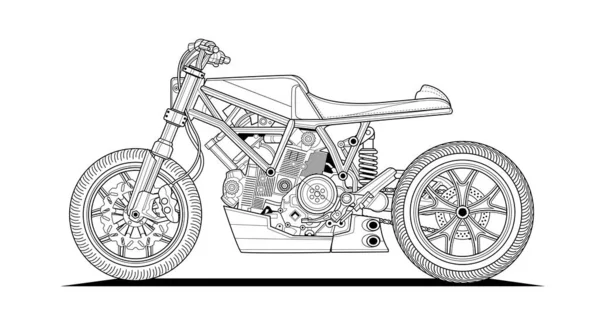成人摩托车彩绘页 用于图书和绘图 咖啡店风格 Moto矢量图解 高速驱动车辆 图形元素 黑色等高线草图以白色背景表示孤立 — 图库矢量图片
