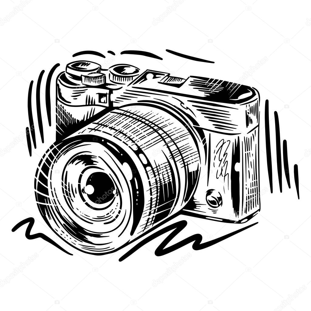 Camera hand drawn vector illustration. Ink graphic line art. Outline sketch for markets, shops. Clip art Poster for print. Coloring page. Isolated on white background