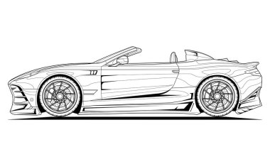 Spor araba vektör çizgisi çizimi. Siyah hatlı çizim, kitap ve çizim için yetişkin boyama sayfasını gösteriyor. Yüksek hızlı sürüş aracı. Grafik elementi. Tekerlek. Beyaz arkaplanda izole.