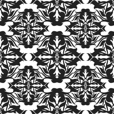 Beyaz arka planda koyu siyah şekilli, modaya uymayan vektör soyut çiçek deseni. Duvar kağıdı, kumaş, ambalaj ve dekoratif arka planlar için uygun dekoratif yineleme tasarımı.
