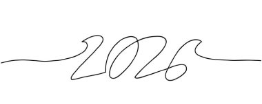 2026 sayısının minimalist tarzda sürekli tek satır sanatı. Yeni yıl, tatil ve kutlama tasarımı için mükemmel..