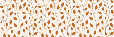 Yumuşak krem arka planda sarmaşık dalları gibi akan terakotta renkli yapraklarla kusursuz bir botanik deseni. Sıcak, topraksı ve organik estetik..