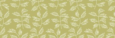 Elle çizilmiş kusursuz bir botanik desen, zeytin yeşili arka planda beyaz renkte bırakır. Çizim tarzı yaprak tasarımı.