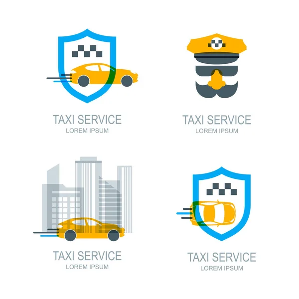 ベクターオンラインタクシーサービスのロゴ アイコンやシンボルのセット 黄色のタクシー車 シールドと都市の建物 タクシーアプリのコンセプト タクシー乗り場 — ストックベクタ