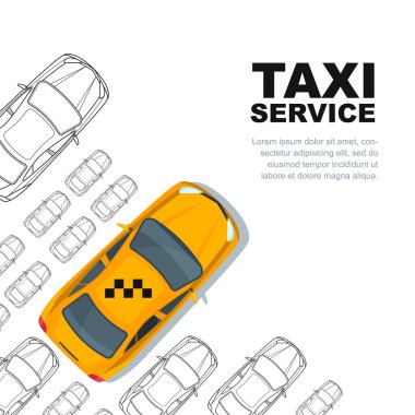 Taksi servisi konsepti. Vektör pankartı, poster ya da el ilanı şablonu. Taksi sarı taksi ve beyaz arka planda izole edilmiş ana hatlı arabalar. Sokak trafiği, park, şehir ulaşımı illüstrasyonu.