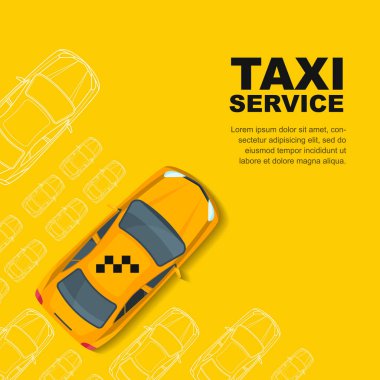 Taksi servisi konsepti. Vektör sarı pankart, poster ya da el ilanı şablonu. Taksi sarı taksi ve beyaz arka planda izole edilmiş ana hatlı arabalar. Sokak trafiği, park, şehir ulaşımı illüstrasyonu.