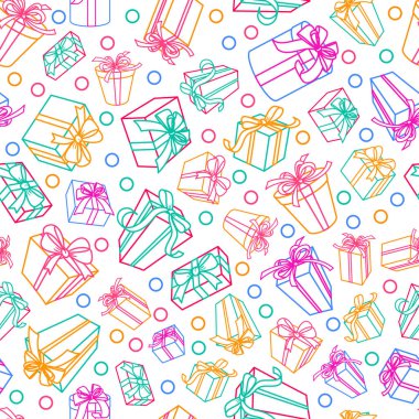 Çok renkli hediye kutuları ve kurdeleleri olan kusursuz beyaz desenli vektör. Kumaş, tekstil baskısı, ambalaj kağıdı için tasarım. Tatil geçmişi, tebrik kartı veya hediyelik eşya dükkanı kavramı.