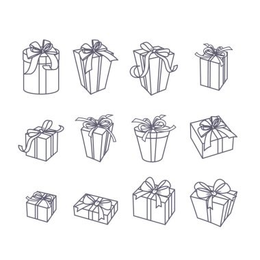 Vektör ana hatları hediye simgeleri kümesi. Kurdeleli siyah beyaz çizgi kutular, izole çizimler. Bayram tebrik kartı, hediyelik eşya dükkanı, fiş, broşür, afiş için moda tasarım unsurları.