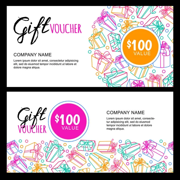 Vector Gift Voucher Template Outline Multicolor Gift Box Ribbons Calligraphy — Stock Vector