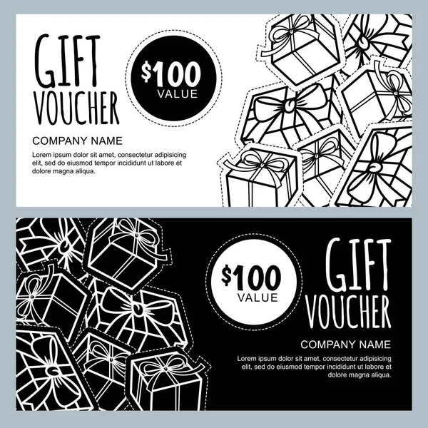 Vector Gift Voucher Template Gift Box Patches Stickers Christmas New — Stock Vector