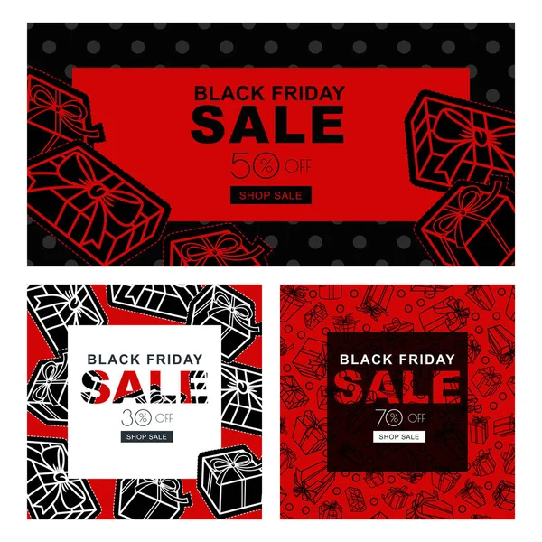 Set Black Friday Sale Banners Gift Boxes Vector Horizontal Square — Stock Vector