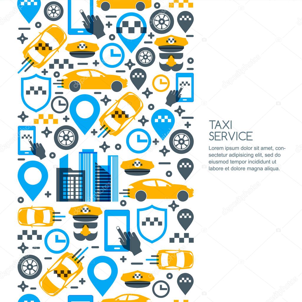Taxi service mobile app concept. Vertical seamless background with vector taxi icons and symbols. Call taxi online via smartphone. Banner, flyer, poster unique design template.