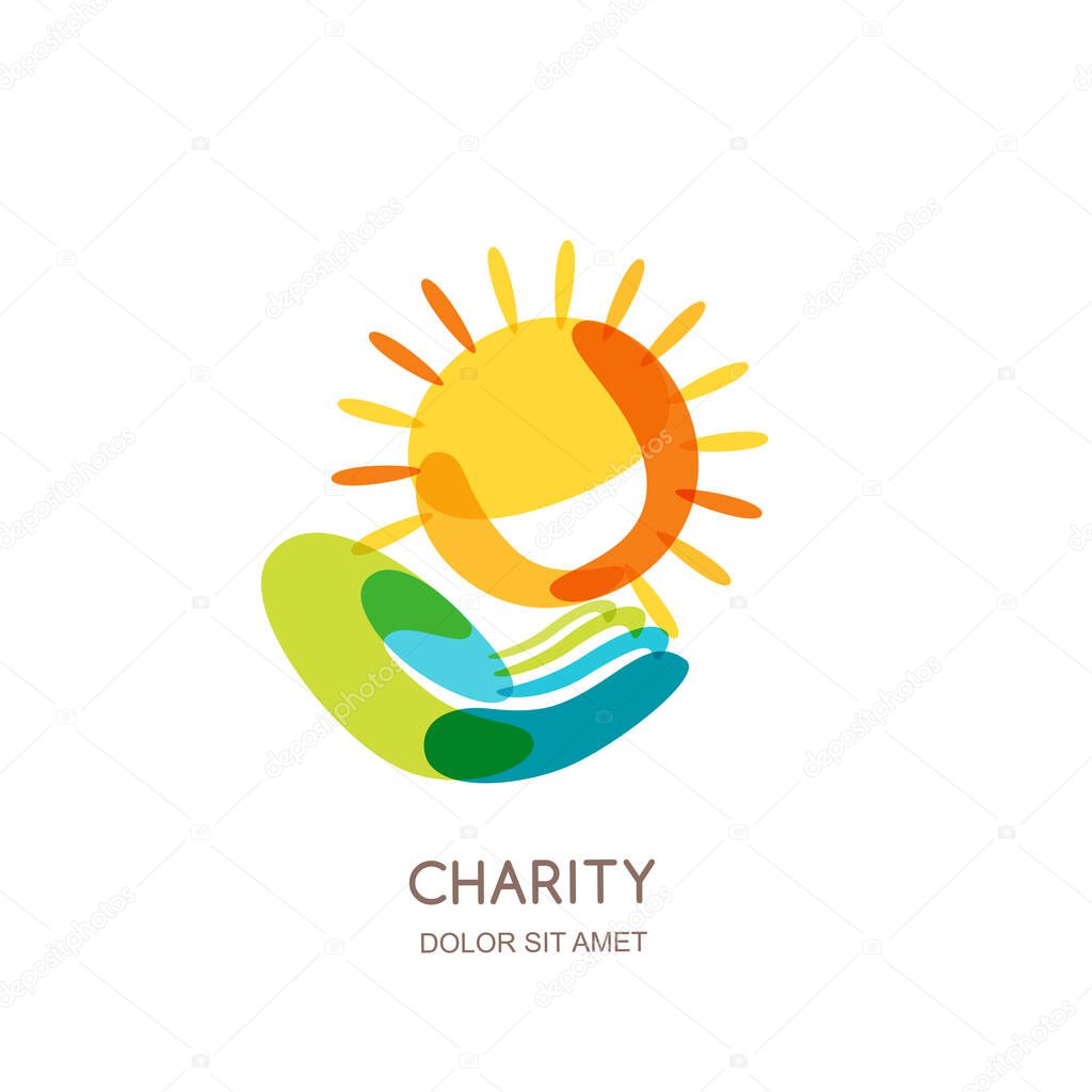 Charity vector logo design template. Abstract colorful sun on human hand, isolated icon, symbol, emblem. Concept for voluntary, non profit organization, insurance or education themes.