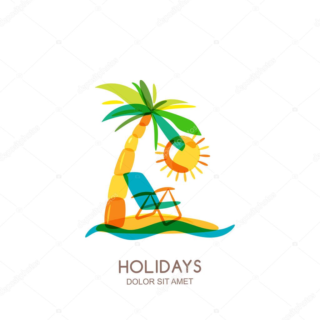 Vector logo design template. Colorful island, palms and beach chair on seaside. Concept for travel agency, tropical resort, beach hotel, spa. Summer vacation isolated hand drawn illustration.