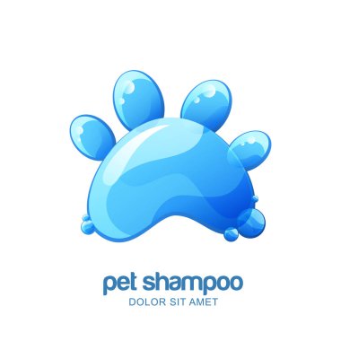 Vektör logosu, amblem, evcil hayvan şampuanı, kozmetik bakım ve tımar için etiket tasarımı elementleri. Temiz su desenli kedi ya da köpek pençesi..