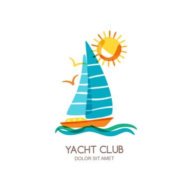 Vector Yat Kulübü logo tasarım şablonu. Denizde ve güneşte yüzen tekne. Yaz tatili karalama çizimi. Seyahat acentesi, tekne kirası, gemi turu, tropikal ve sahil beldesi konsepti.
