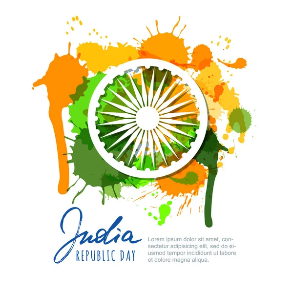 Dzień Republiki Indii Indyjska Flaga Kolory Akwareli Plamy Kaligrafii Liternictwo — Wektor stockowy