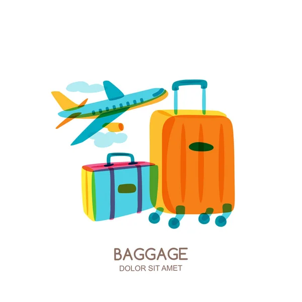 Travel Tourism Concept Multicolor Luggage Suitcase Bag Flying Plane Vector — Stock Vector