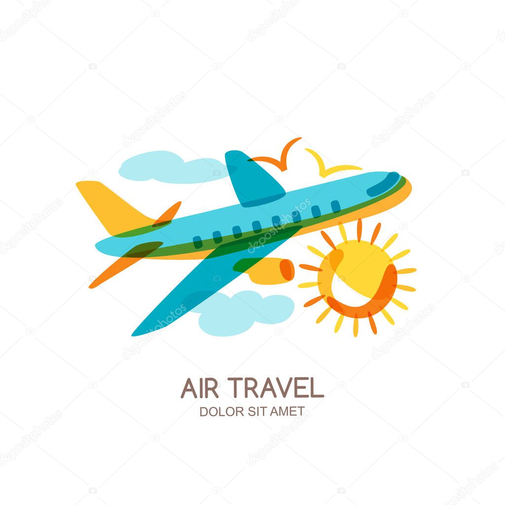 Vector plane and air travel logo, emblem design elements. Multicolor flying airplane in the sky, isolated doodle illustration. Concept for summer vacation, travel agency and sale tickets.