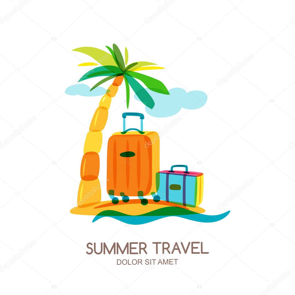 Travel and tourism concept. Multicolor tropical island landscape with palm tree and luggage suitcase. Vector doodle isolated illustration. Trendy flat design for summer vacation.
