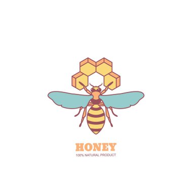 Klasik bal etiketi tasarım elementleri. Vector logosu ya da bal arısı ve bal peteği amblemi. Beyaz arka planda izole edilmiş renk arısı. Organik bal ürünleri, paket ve etiket tasarımı kavramı.