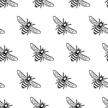 Doğrusal arılı, kusursuz siyah beyaz desenli vektör. Organik bal geçmişi. Bal paketi tasarımı, etiketi, ambalajı, moda baskısı kavramı.