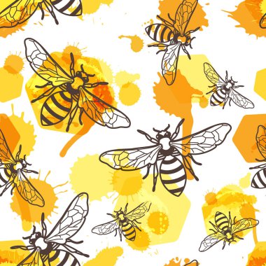 Doğrusal arı, sıvı bal ve suluboya bal petekleri ile vektörsüz desen. Organik bal geçmişi. Bal paketi tasarımı için kavram, etiket, paketleme, baskılar.