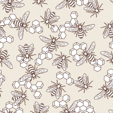Doğrusal arı ve bal peteği ile renklendirilmiş vektörsüz pastel desen. Organik bal geçmişi. Bal paketi tasarımı için kavram, etiket, paketleme, baskılar.
