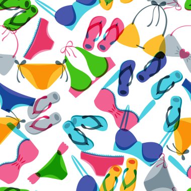 Renkli el çizimi mayolar ve parmak arası terliklerle vektör kusursuz desen. Yaz kıyafetleri ve ayakkabıları ile karalama geçmişi. Moda tekstil baskısı için moda tasarımı.