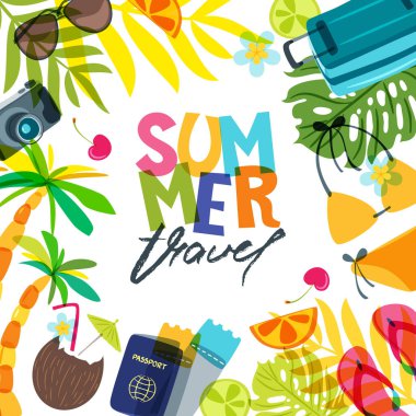 Vektör pankartı, poster ya da el ilanı tasarımı şablonu, palmiye yaprakları, bavra, mayo ve el yazısı harfleri. El çizimi çizimi. Yaz seyahati, tatil ve turizm geçmişi için son moda konsept