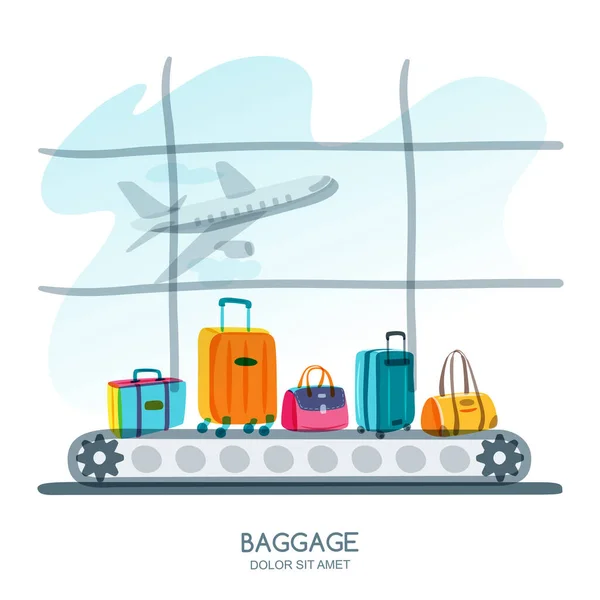 Buntes Gepäck Koffer Taschen Zug Flughafenterminal Vektor Handgezeichnete Illustration Gepäckkarussell — Stockvektor