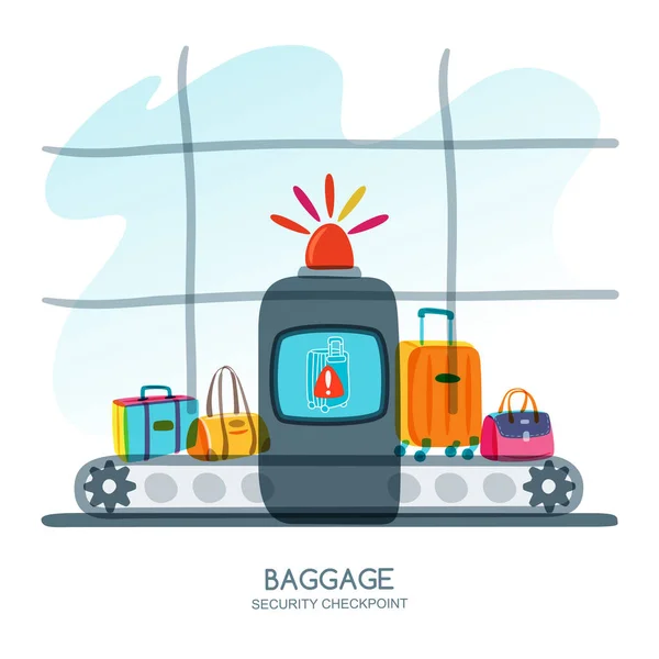 Gepäckkontrolle Flughafenterminal Alarmsirene Scanner Warnt Vor Gefährlichem Gepäck Vektor Handgezeichnete — Stockvektor