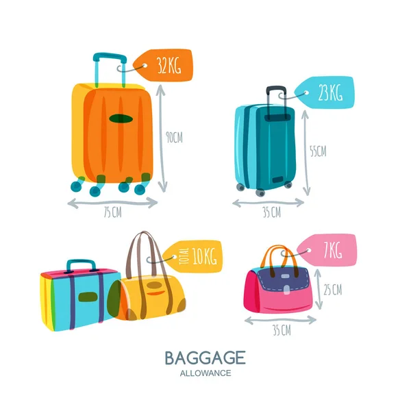 Bagage Toegestane Geïsoleerde Vectoriconen Meerkleurige Bagage Koffer Tassen Met Labels — Stockvector