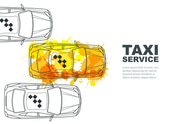 ベクトルタクシーサービス水平バナー チラシ ポスターデザインテンプレート タクシーのコンセプトを呼び出す タクシー黄色の水彩塗装タクシーと白地に隔離されたアウトライン車 — ストックベクタ