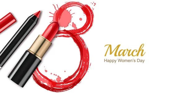 Marzo Tarjeta Felicitación Vector Día Internacional Mujer Lápiz Labial Rojo — Vector de stock