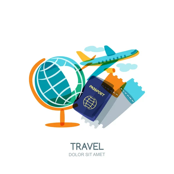 Travel Tourism Concept Multicolor Globe Passport Airplane Tickets Flying Plane — Stock Vector