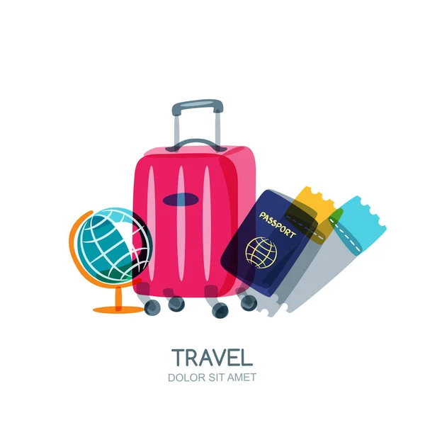 Concetto Viaggio Turismo Mappamondo Multicolore Valigia Passaporto Biglietti Aerei Illustrazione — Vettoriale Stock
