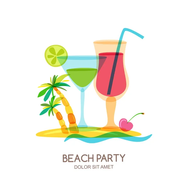 Tropical Island Landscape Cocktail Glass Palm Tree Vector Doodle Isolated — Stock Vector